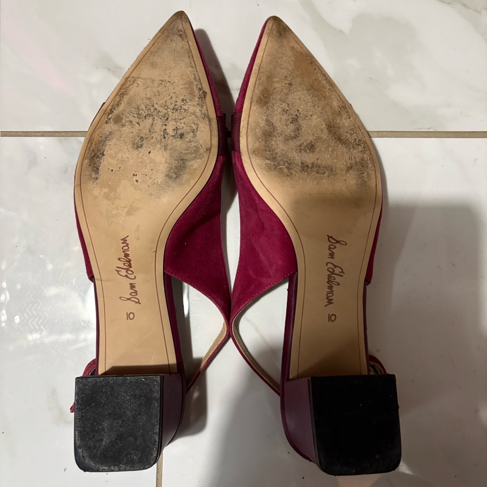 Sam Edelman Burgundy Suede Slingback Heels with Grosgrain Bow Details - Picture 4 of 4